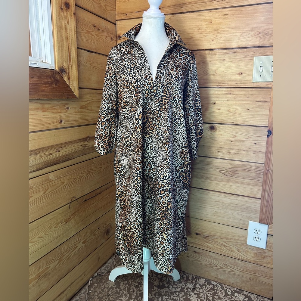 Vintage 80s Leopard Print Dress Pockets Cheetah Retro Oversize Small Stretch Art